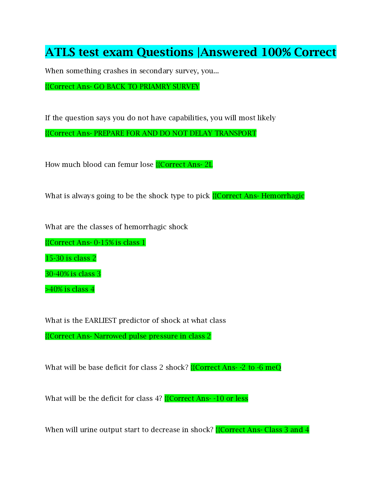 Preview image for ATLS test exam Questions |Answered 100% Correct